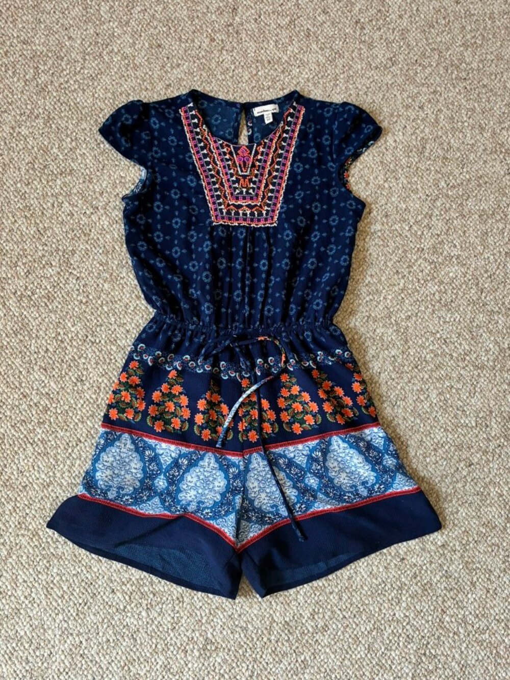 Monteau Girl Geometric Floral Boho Girls One Piece Romper Navy Blue 10